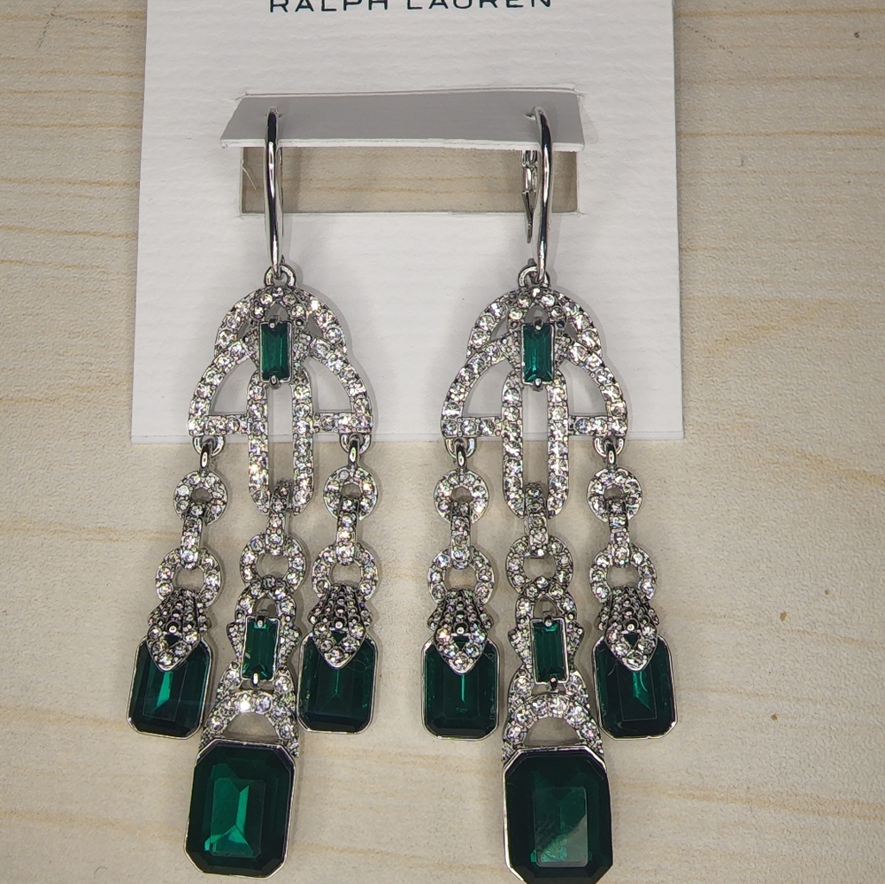 Lauren Ralph Lauren Silver Tone Green Chandelier Drop Earrings